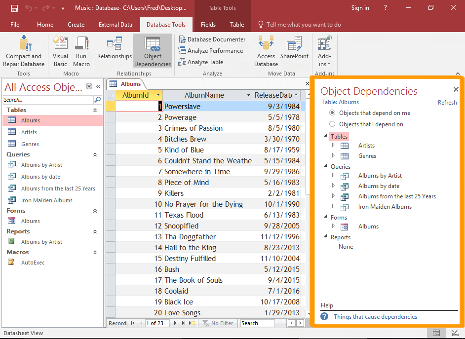 as dependências do objeto são exibidas