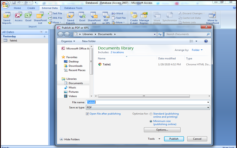 converter o Access relatório para PDF 1