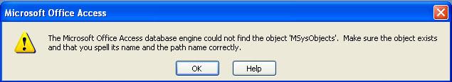 O mecanismo de banco de dados do Microsoft Access Não poderia encontrar o objeto