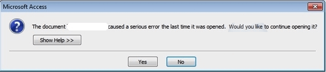 O documento causou um erro grave na última vez que foi aberto
