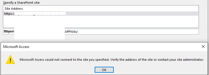 Access não pôde se conectar ao site especificado pelo SharePoint